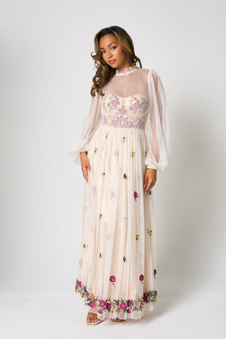 frock & frill Gaia Champagne Floral Embroidered Maxi Dress