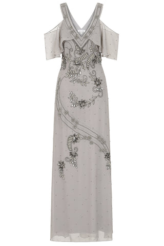 Frock & Frill Gali Grey Cold Shoulder Embellished Maxi Dress