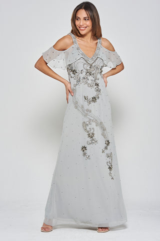 Frock & Frill Gali Grey Cold Shoulder Embellished Maxi Dress