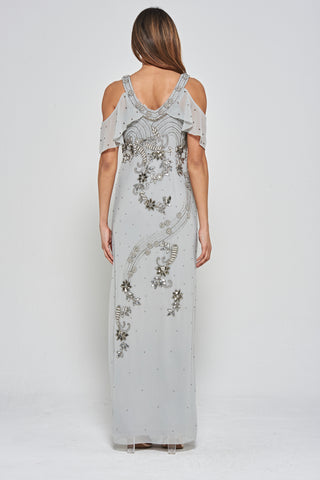 Frock & Frill Gali Grey Cold Shoulder Embellished Maxi Dress