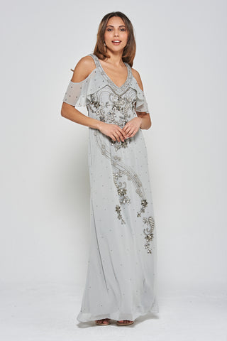 frock & frill Gali Grey Cold Shoulder Embellished Maxi Dress