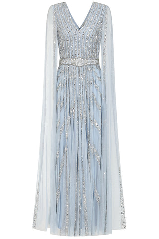 Frock & Frill Gwen Ice Blue Embellished Cape Sleeve Maxi Dress