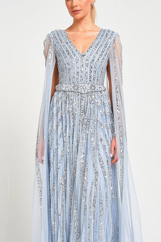 Frock & Frill Gwen Ice Blue Embellished Cape Sleeve Maxi Dress