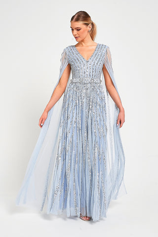 Frock & Frill Gwen Ice Blue Embellished Cape Sleeve Maxi Dress