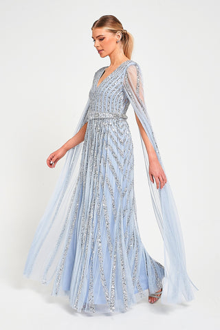 frock & frill Gwen Ice Blue Embellished Cape Sleeve Maxi Dress