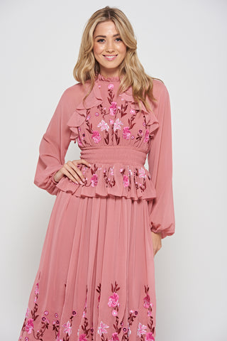 Frock & Frill Gwenna Pink Floral Embroidered Midi Dress