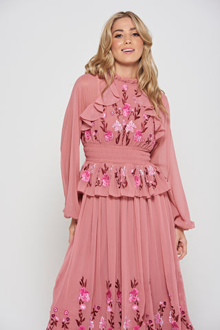 Frock & Frill Gwenna Pink Floral Embroidered Midi Dress