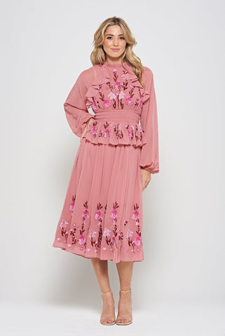 frock & frill Gwenna Pink Floral Embroidered Midi Dress