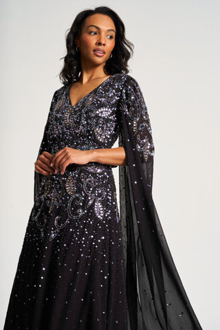 Frock & Frill Henrietta Black Embellished Cape Sleeve Maxi Dress