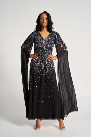 frock & frill Henrietta Black Embellished Cape Sleeve Maxi Dress