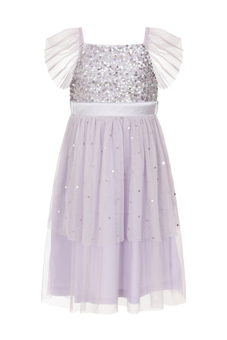 Frock & Frill Honey Light Purple Sequin Ruffle Dress With Satin Bow