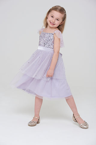 Frock & Frill Honey Light Purple Sequin Ruffle Dress With Satin Bow