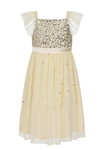 Frock & Frill Honey Light Yellow Sequin Ruffle Dress With Satin Bow