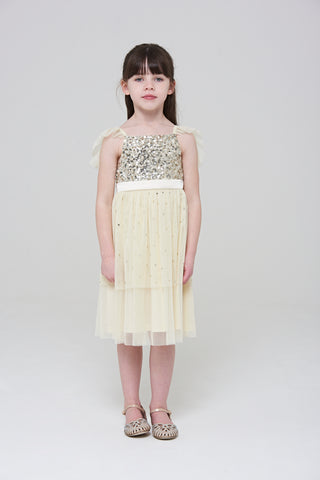 Frock & Frill Honey Light Yellow Sequin Ruffle Dress With Satin Bow