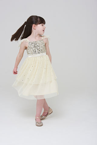 Frock & Frill Honey Light Yellow Sequin Ruffle Dress With Satin Bow