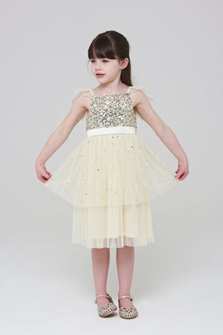 frock & frill Honey Light Yellow Sequin Ruffle Dress with Satin Bow