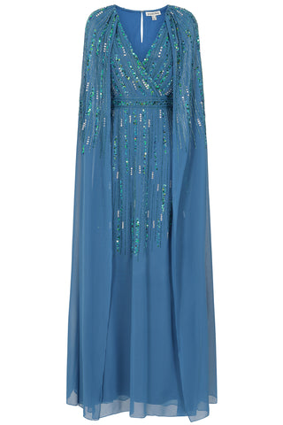 Frock & Frill Ida Blue Embellished Maxi Dress With Cape Sleeves