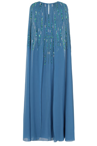 Frock & Frill Ida Blue Embellished Maxi Dress With Cape Sleeves