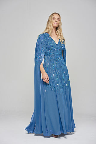 frock & frill Ida Blue Embellished Maxi Dress with Cape Sleeves