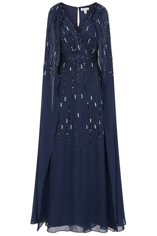 Frock & Frill Ida Navy Embellished Maxi Dress With Cape Sleeves