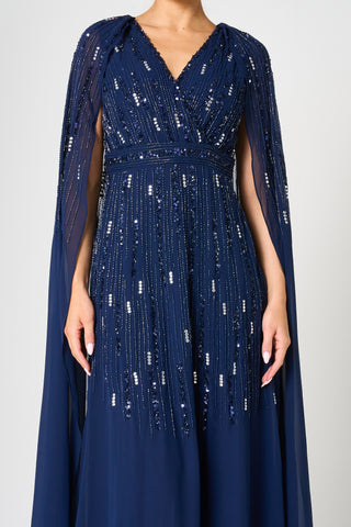 Frock & Frill Ida Navy Embellished Maxi Dress With Cape Sleeves