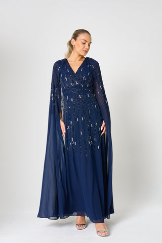 Frock & Frill Ida Navy Embellished Maxi Dress With Cape Sleeves