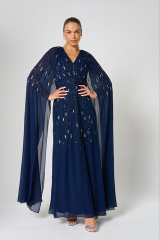 frock & frill Ida Navy Embellished Maxi Dress with Cape Sleeves