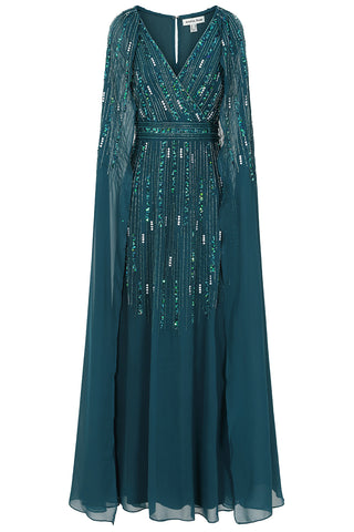 Frock & Frill Ida Storm Green Embellished Maxi Dress With Cape Sleeves