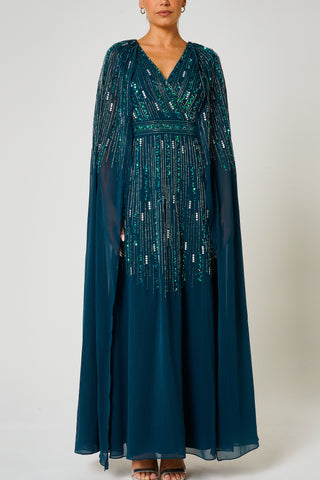Frock & Frill Ida Storm Green Embellished Maxi Dress With Cape Sleeves