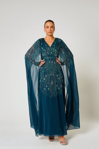 Frock & Frill Ida Storm Green Embellished Maxi Dress With Cape Sleeves