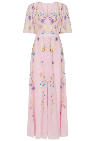 frock & frill Irisa Pink Embroidered Button Through Maxi Dress
