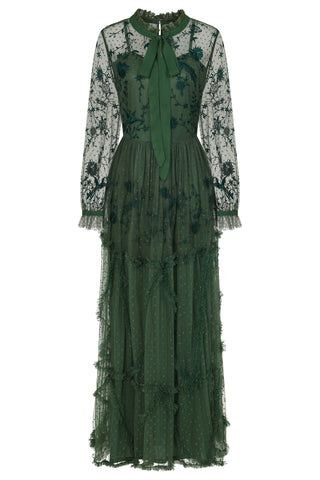 Frock & Frill Ivy Green Floral Embroidered Maxi Dress