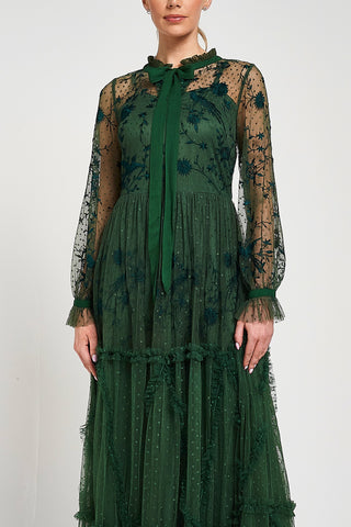 Frock & Frill Ivy Green Floral Embroidered Maxi Dress