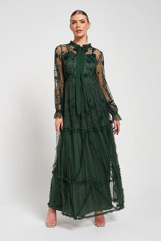 Frock & Frill Ivy Green Floral Embroidered Maxi Dress