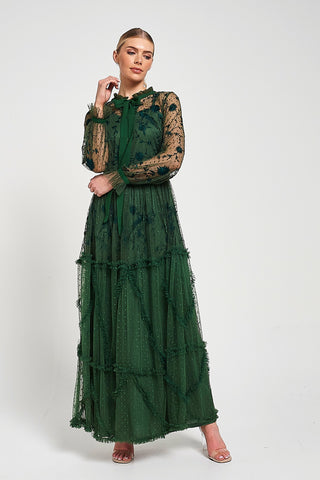 frock & frill Ivy Green Floral Embroidered Maxi Dress