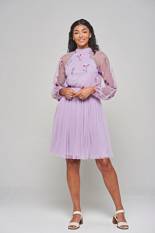 Frock & Frill Jacinta Lilac Floral Embroidered Skater Dress
