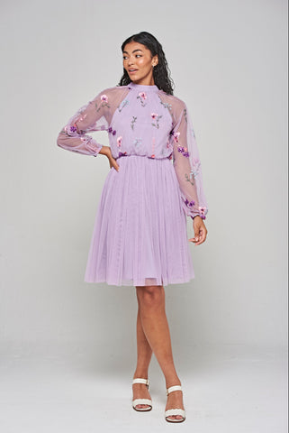 frock & frill Jacinta Lilac Floral Embroidered Skater Dress