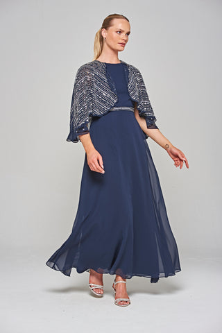 Frock & Frill Jacqueline Navy Embellished Cape Sleeve Maxi Dress