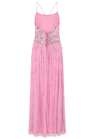 Frock & Frill Jae Pink Strappy Back Maxi Dress With Floral Embellishment
