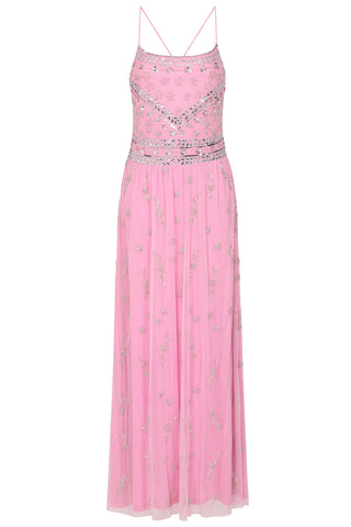 frock & frill Jae Pink Strappy Back Maxi Dress with Floral Embellishment