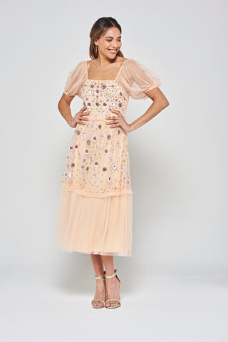 Frock & Frill Jalin Almond Floral Embellished Square Neck Midi Dress