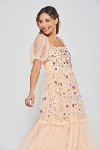 frock & frill Jalin Almond Floral Embellished Square Neck Midi Dress