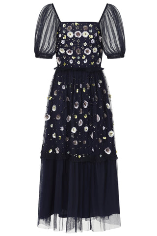 Frock & Frill Jalin Navy Floral Embellished Square Neck Midi Dress