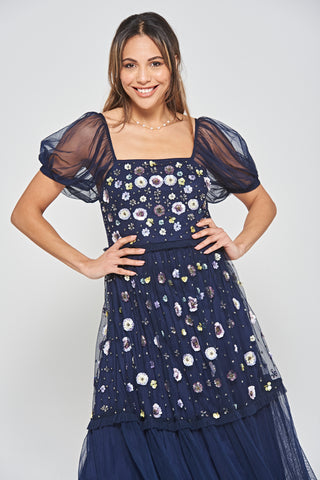 Frock & Frill Jalin Navy Floral Embellished Square Neck Midi Dress