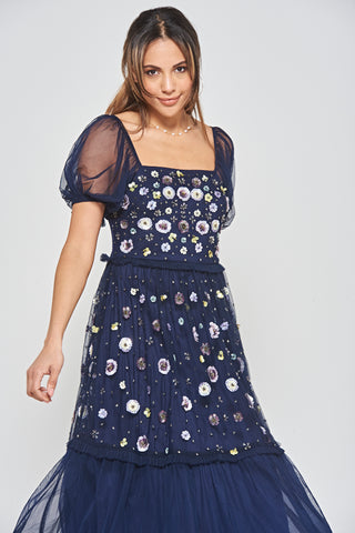 Frock & Frill Jalin Navy Floral Embellished Square Neck Midi Dress