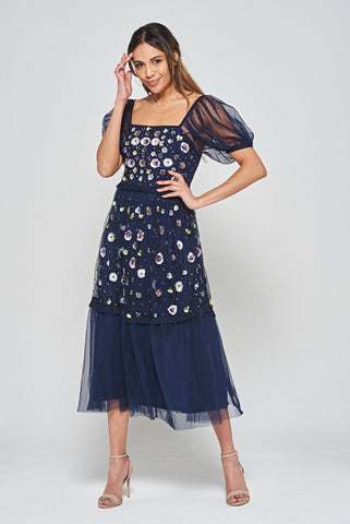 frock & frill Jalin Navy Floral Embellished Square Neck Midi Dress