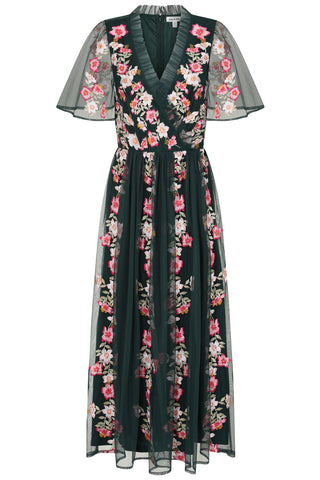 Frock & Frill Jelena Green Floral Embroidered Midi Dress