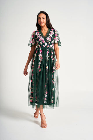 Frock & Frill Jelena Green Floral Embroidered Midi Dress