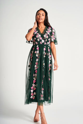 Frock & Frill Jelena Green Floral Embroidered Midi Dress