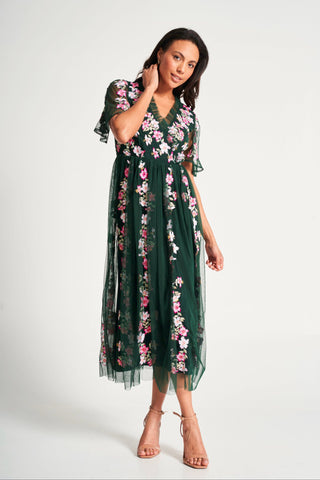 frock & frill Jelena Green Floral Embroidered Midi Dress